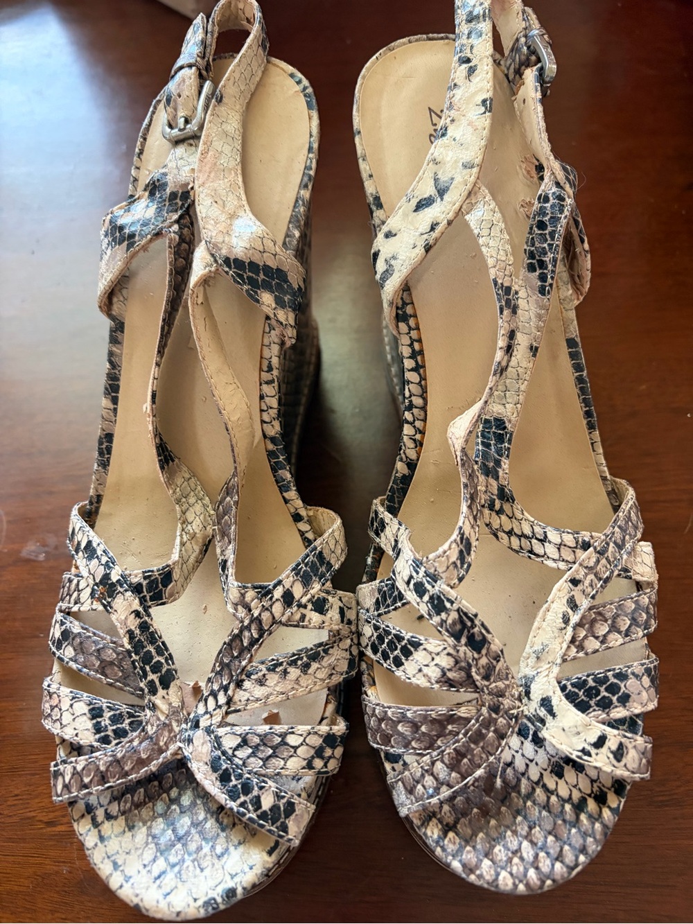 Women's Snake-Print Slingback Wedge Sandals in Beige and Black